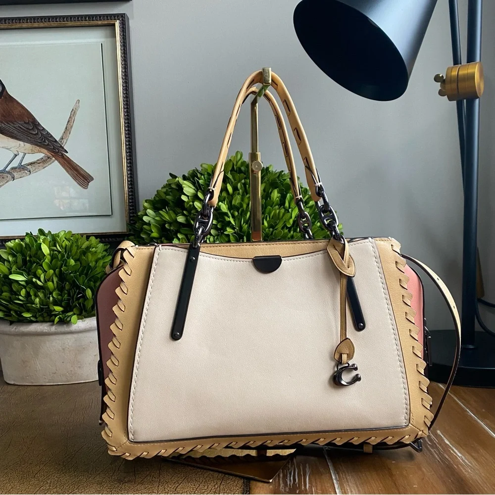 Coach Two-Tone Leather Tote in Cream and Pink with Tan Trim